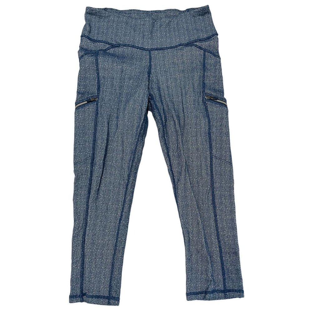 Athleta Blue Herringbone High Rise Crop Leggings‎ Cargo Zipper Pockets Small s1